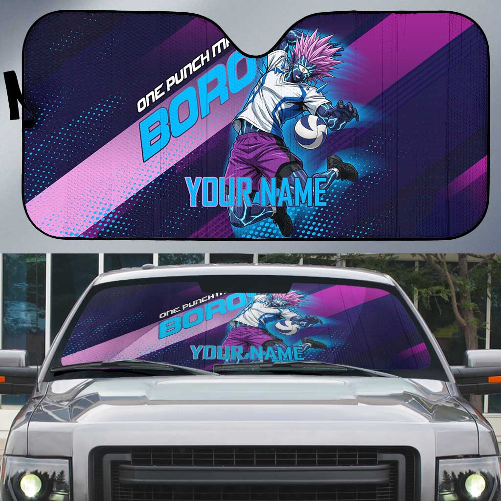 Personalized Boros Volleyball Action Design Auto Sun Shade With a dynamic sporty style in purple and blue.