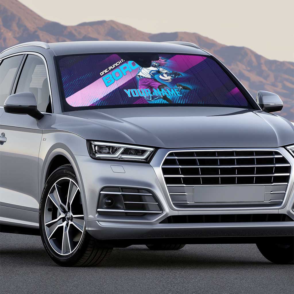 Personalized Boros Volleyball Action Design Auto Sun Shade With a dynamic sporty style in purple and blue.