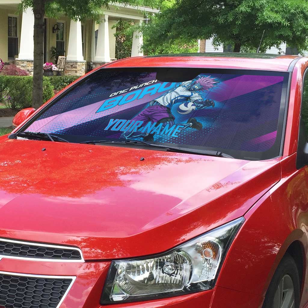 Personalized Boros Volleyball Action Design Auto Sun Shade With a dynamic sporty style in purple and blue.
