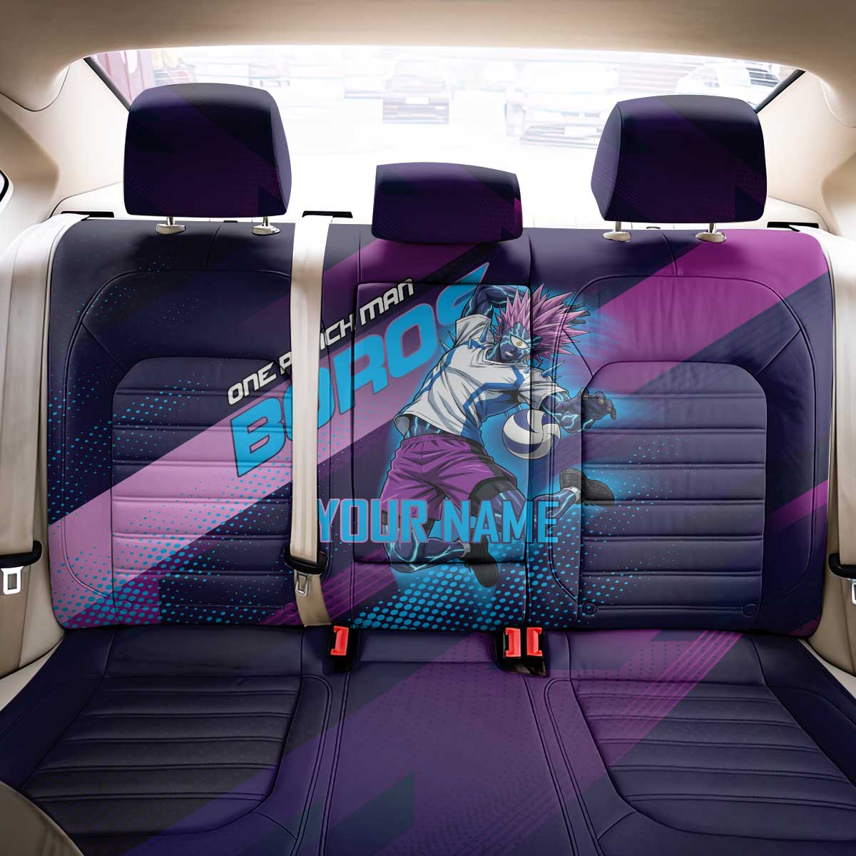 Personalized Boros Volleyball Action Design Back Car Seat Cover With a dynamic sporty style in purple and blue.