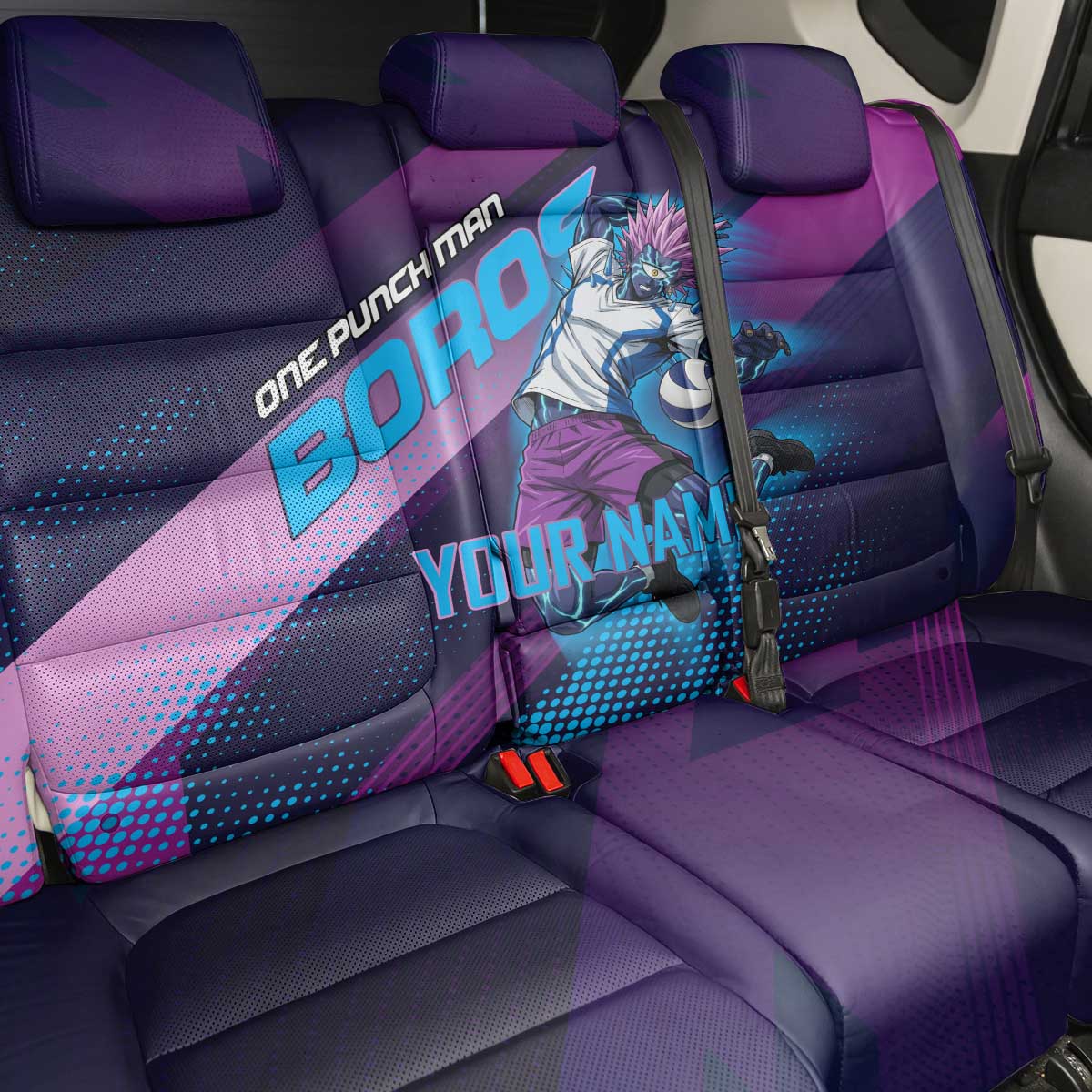 Personalized Boros Volleyball Action Design Back Car Seat Cover With a dynamic sporty style in purple and blue.