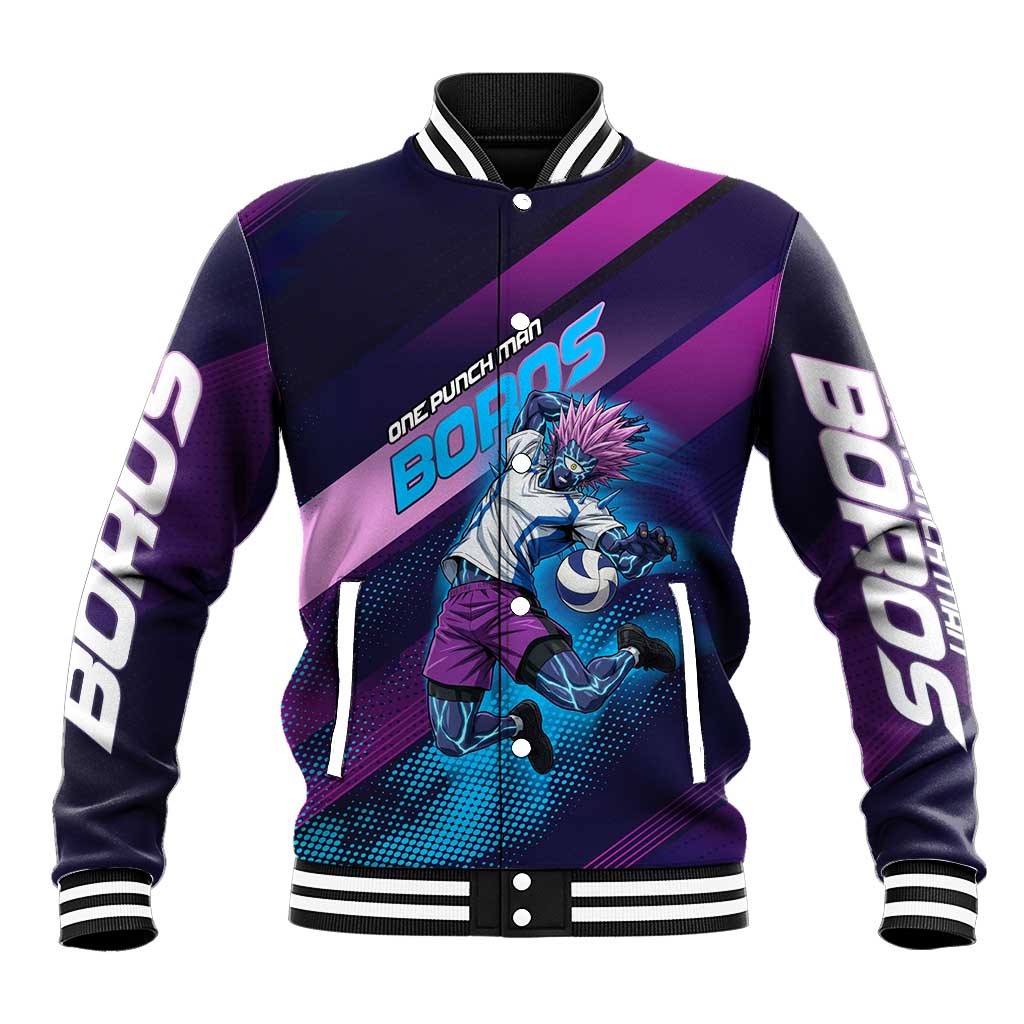 Personalized Boros Volleyball Action Design Baseball Jacket With a dynamic sporty style in purple and blue.
