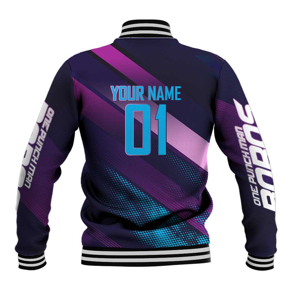 Personalized Boros Volleyball Action Design Baseball Jacket With a dynamic sporty style in purple and blue.