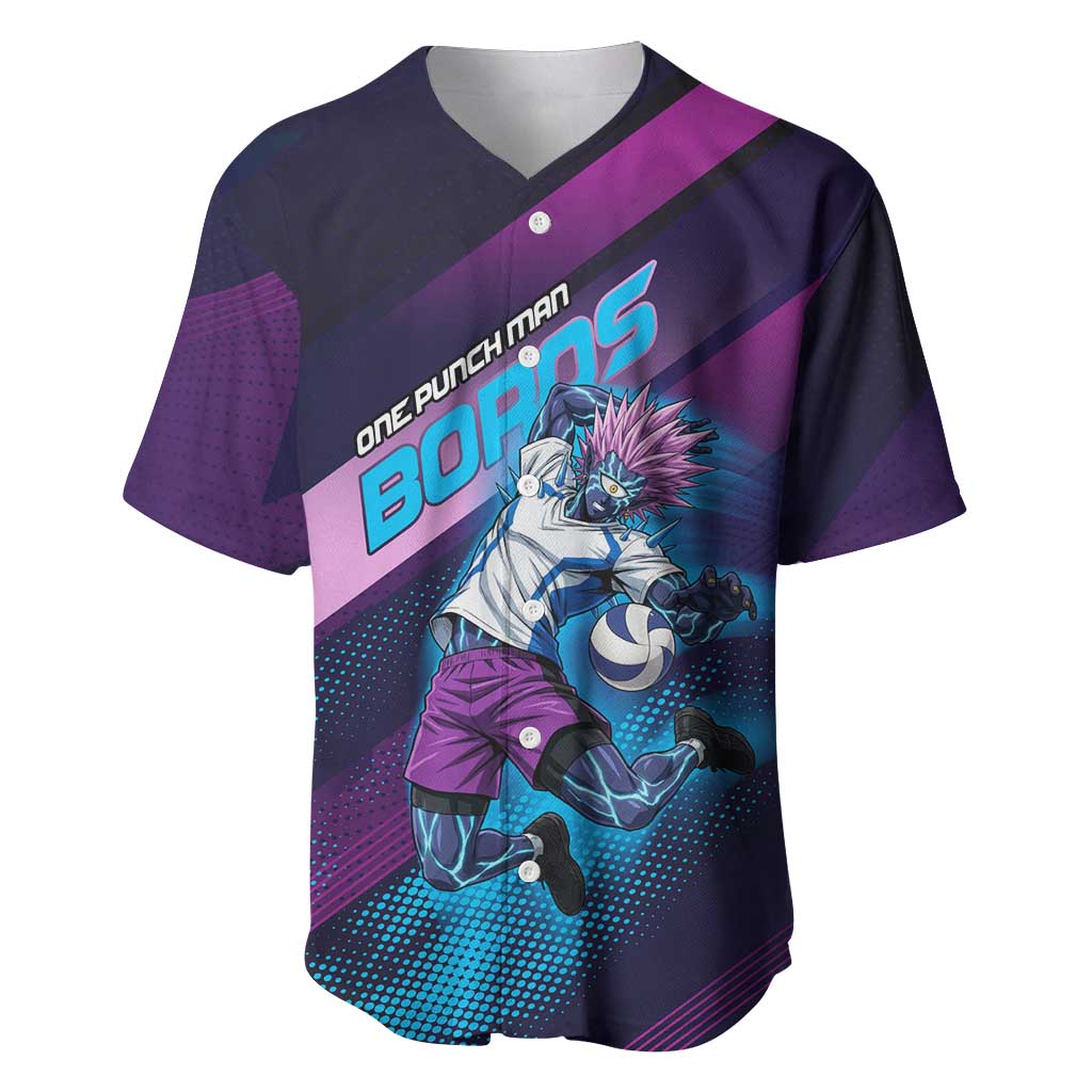 Personalized Boros Volleyball Action Design Baseball Jersey With a dynamic sporty style in purple and blue.