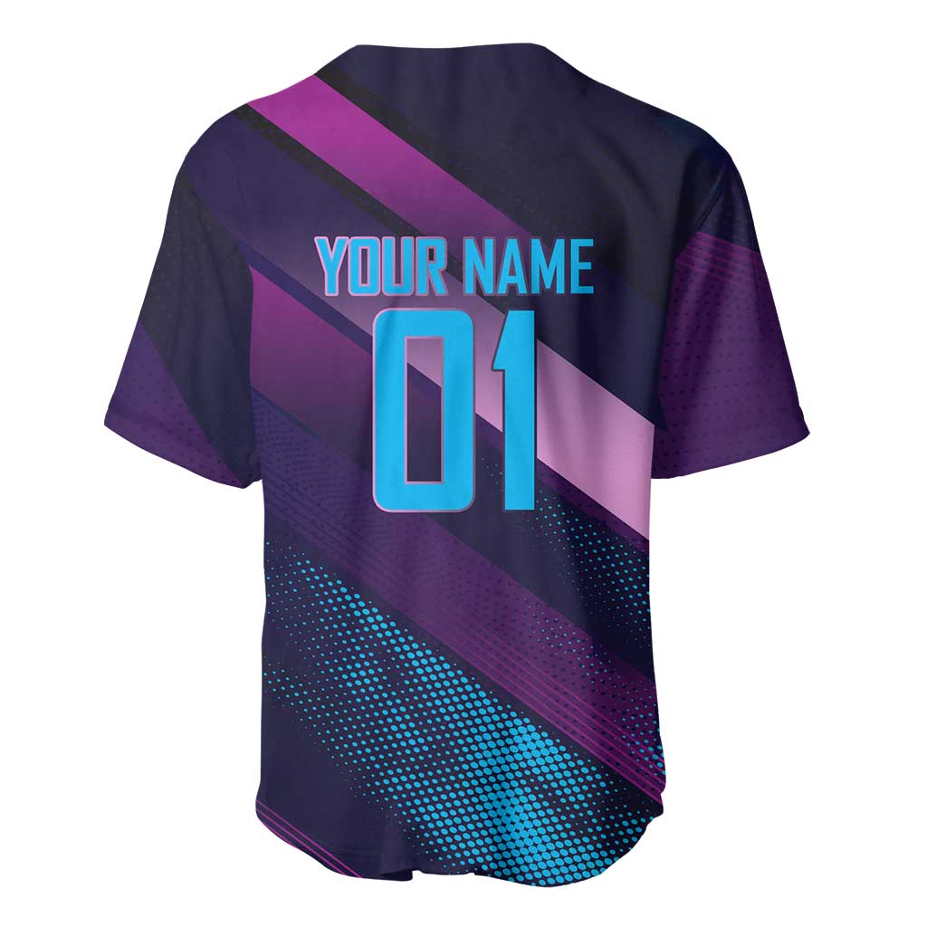 Personalized Boros Volleyball Action Design Baseball Jersey With a dynamic sporty style in purple and blue.