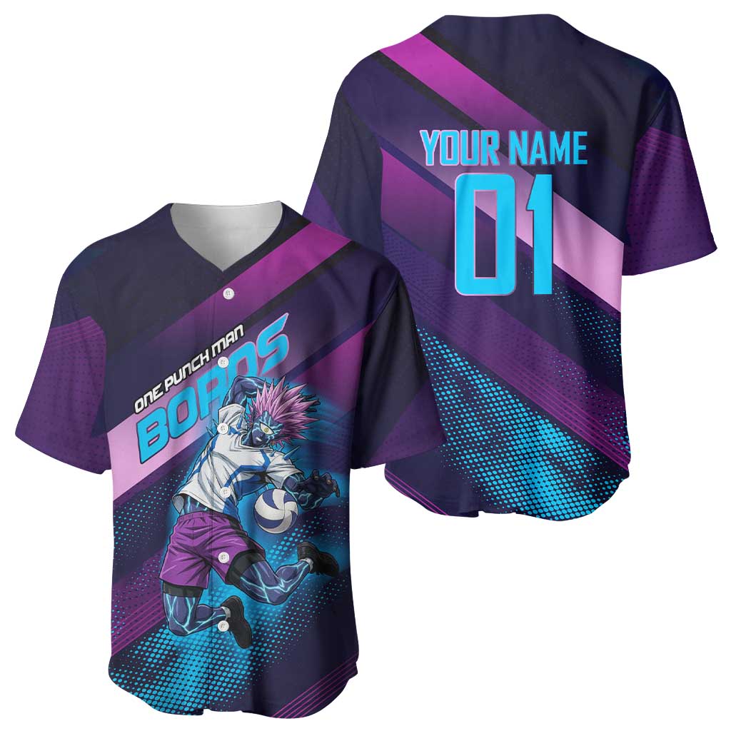 Personalized Boros Volleyball Action Design Baseball Jersey With a dynamic sporty style in purple and blue.