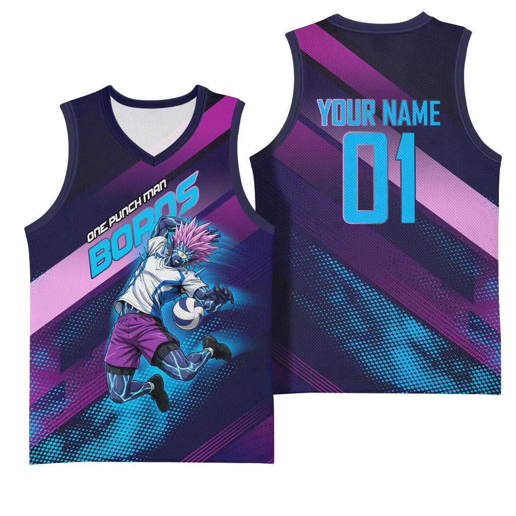 Personalized Boros Volleyball Action Design Basketball Jersey With a dynamic sporty style in purple and blue.