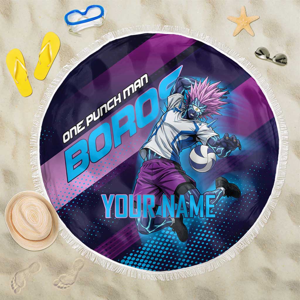 Personalized Boros Volleyball Action Design Beach Blanket With a dynamic sporty style in purple and blue.