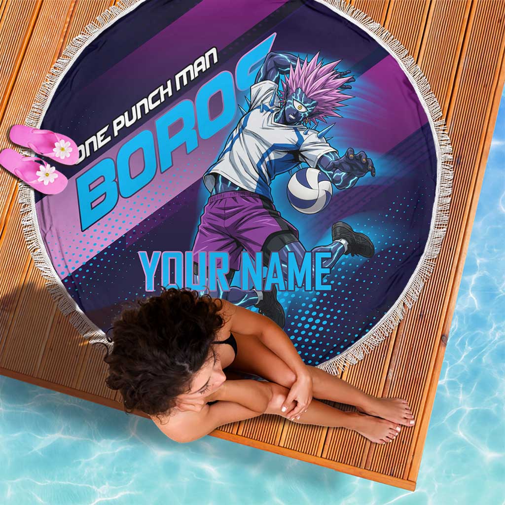 Personalized Boros Volleyball Action Design Beach Blanket With a dynamic sporty style in purple and blue.