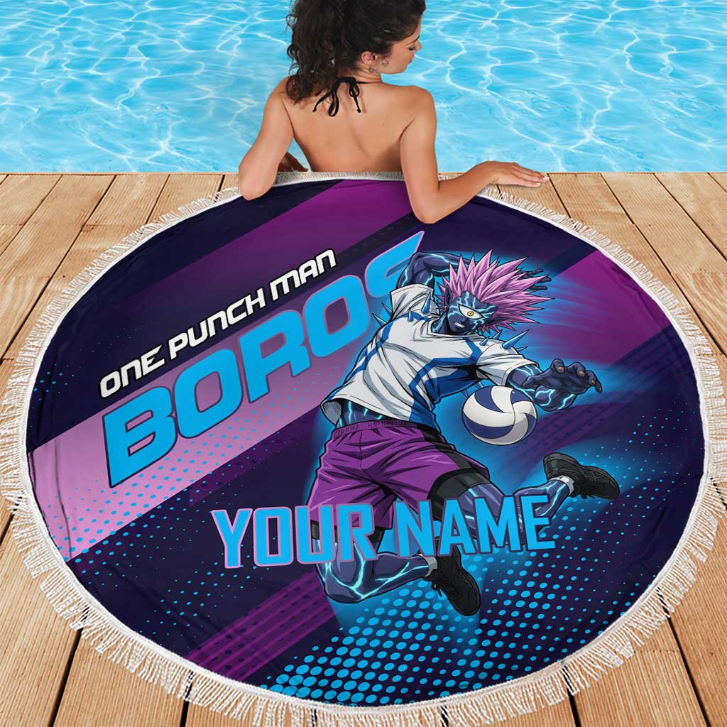 Personalized Boros Volleyball Action Design Beach Blanket With a dynamic sporty style in purple and blue.