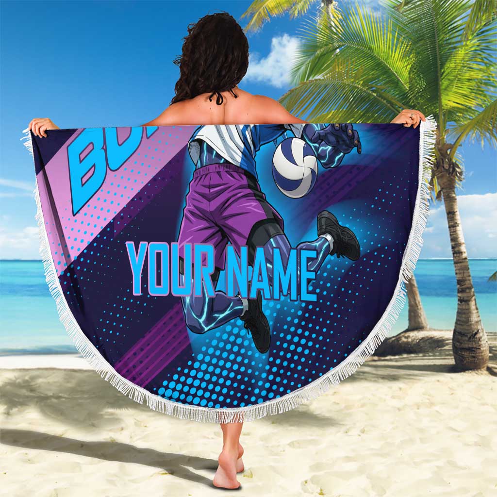 Personalized Boros Volleyball Action Design Beach Blanket With a dynamic sporty style in purple and blue.