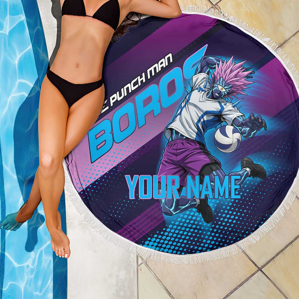 Personalized Boros Volleyball Action Design Beach Blanket With a dynamic sporty style in purple and blue.