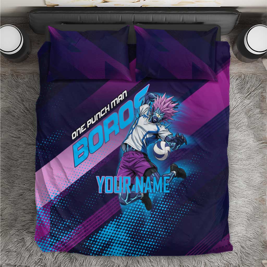 Personalized Boros Volleyball Action Design Bedding Set With a dynamic sporty style in purple and blue.