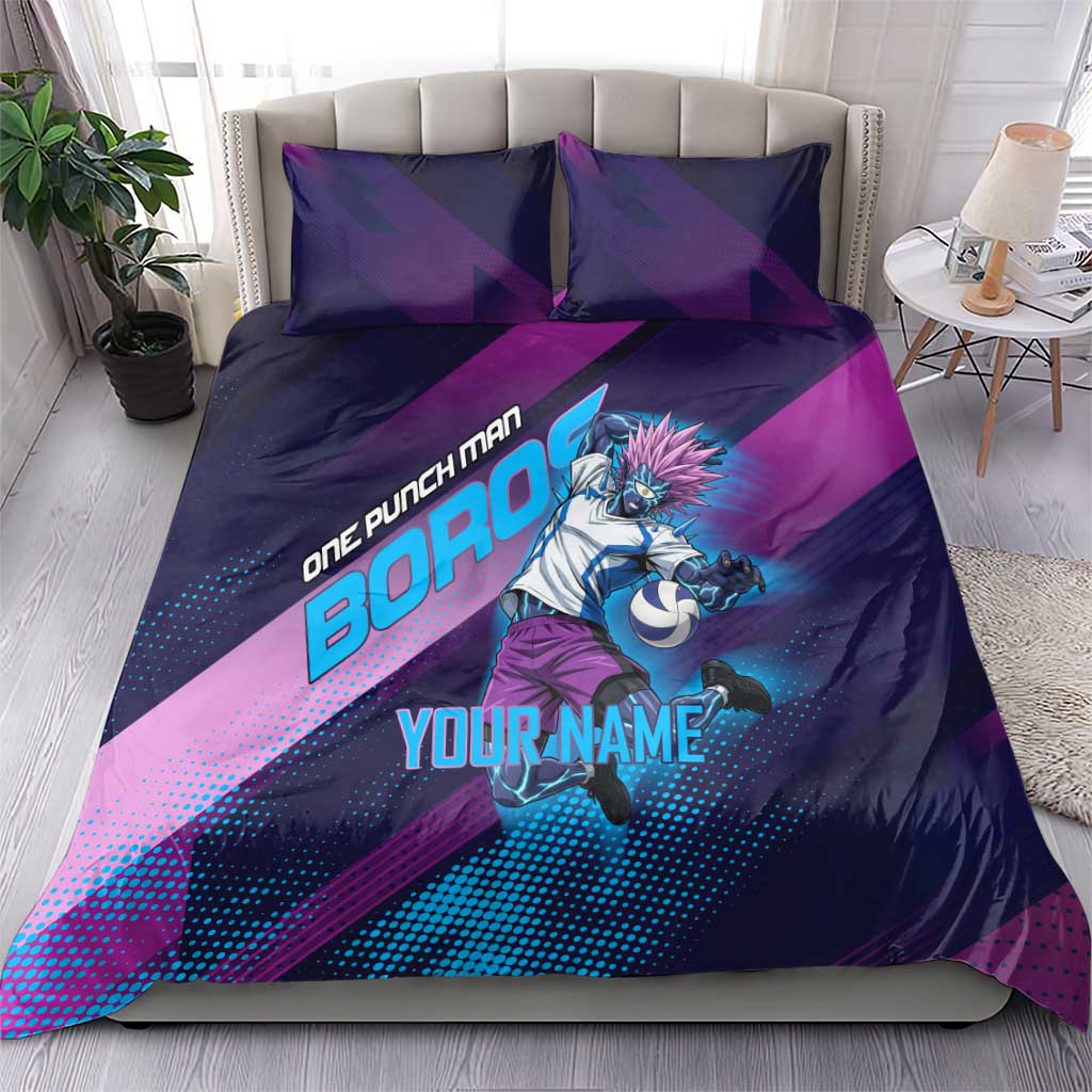 Personalized Boros Volleyball Action Design Bedding Set With a dynamic sporty style in purple and blue.
