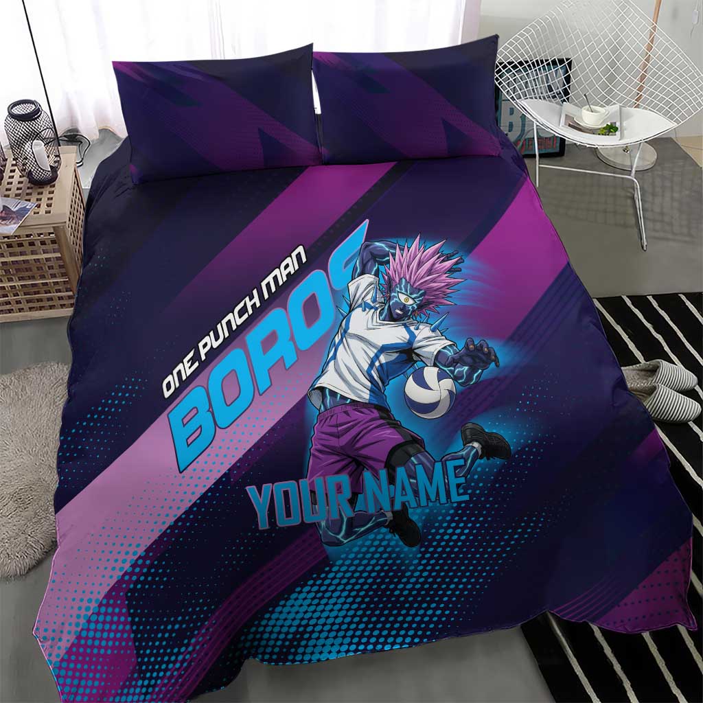 Personalized Boros Volleyball Action Design Bedding Set With a dynamic sporty style in purple and blue.