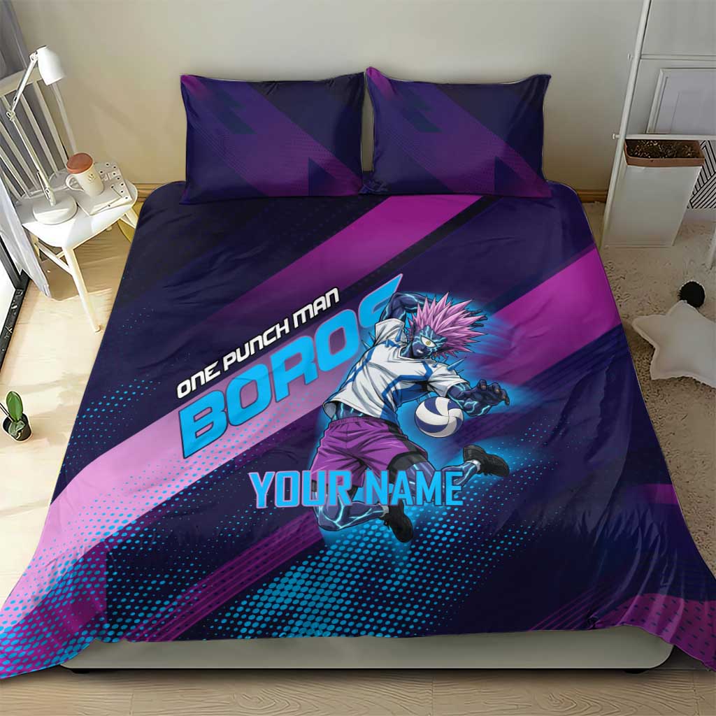 Personalized Boros Volleyball Action Design Bedding Set With a dynamic sporty style in purple and blue.