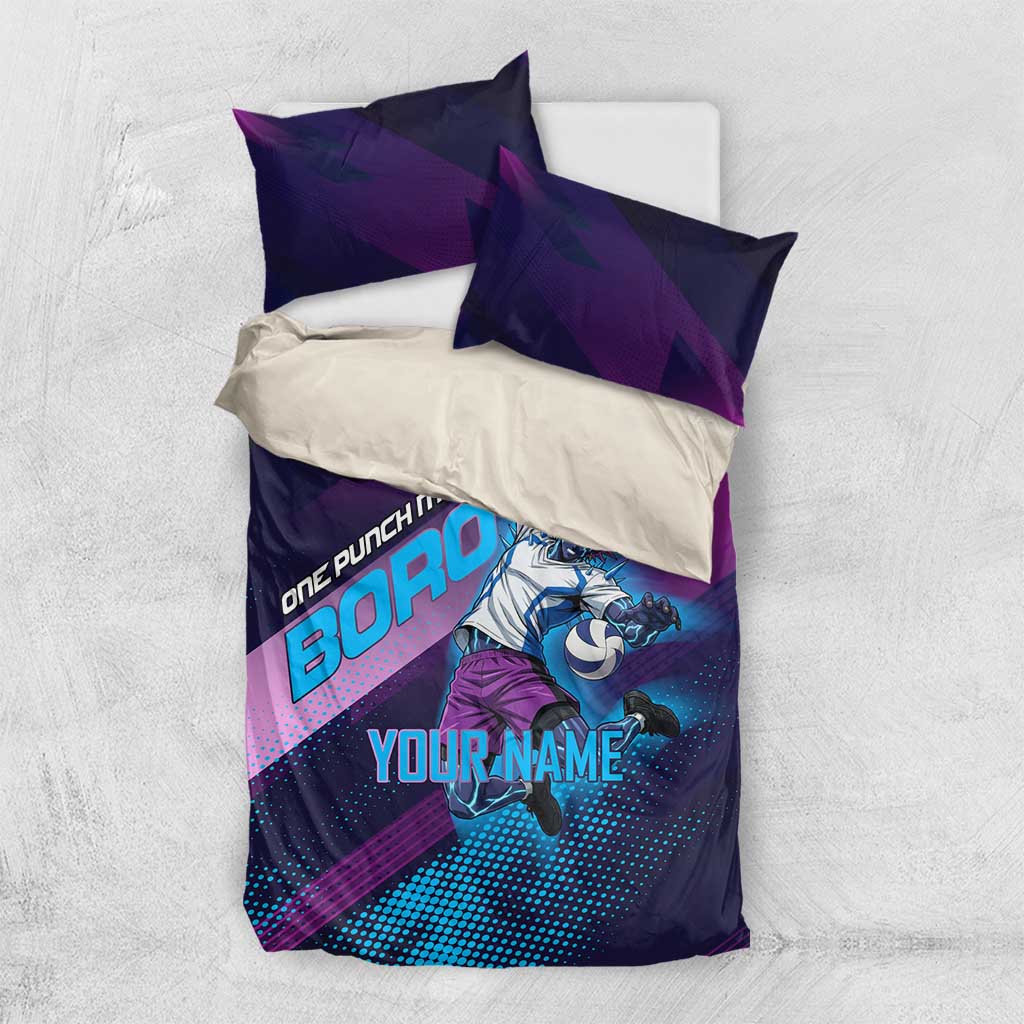 Personalized Boros Volleyball Action Design Bedding Set With a dynamic sporty style in purple and blue.