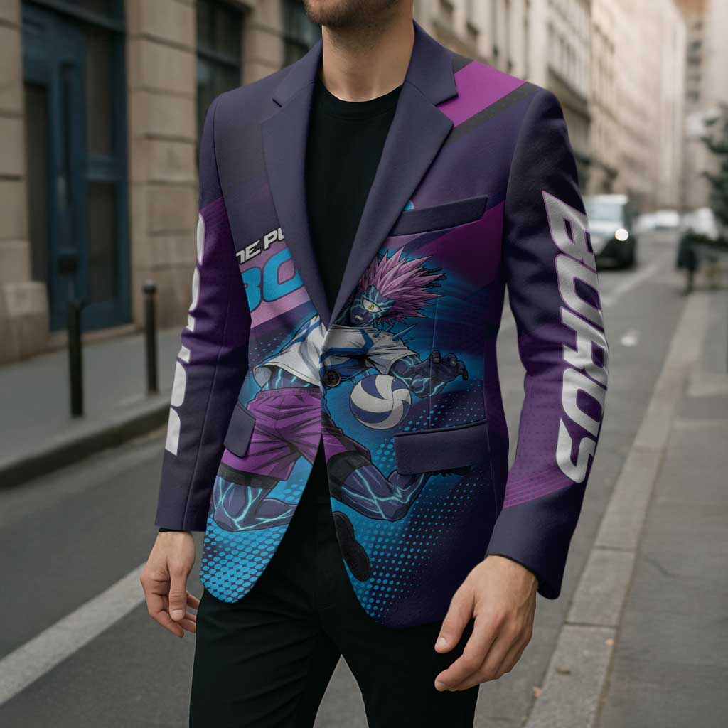 Personalized Boros Volleyball Action Design Blazer With a dynamic sporty style in purple and blue.