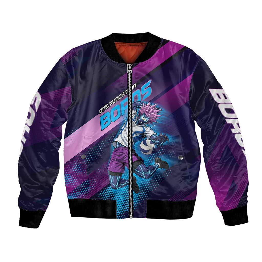 Personalized Boros Volleyball Action Design Bomber Jacket With a dynamic sporty style in purple and blue.