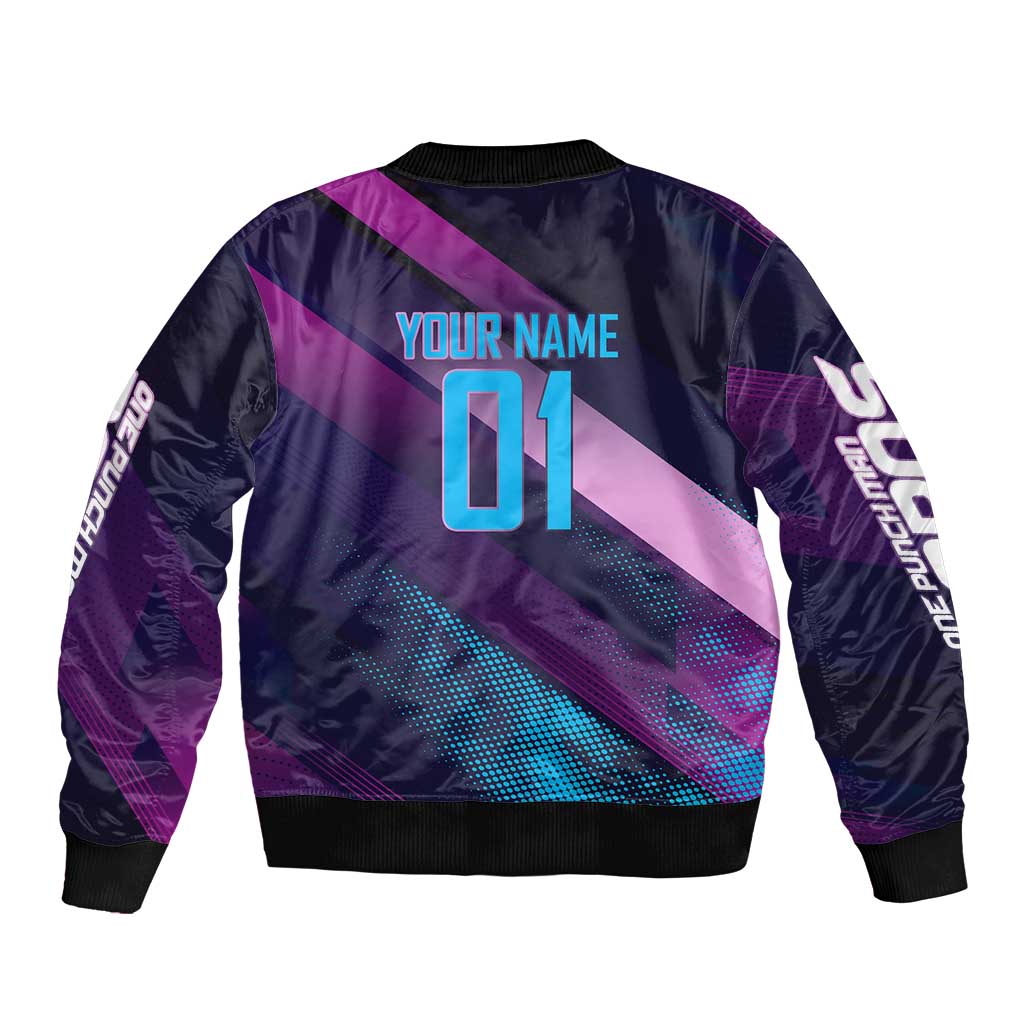 Personalized Boros Volleyball Action Design Bomber Jacket With a dynamic sporty style in purple and blue.