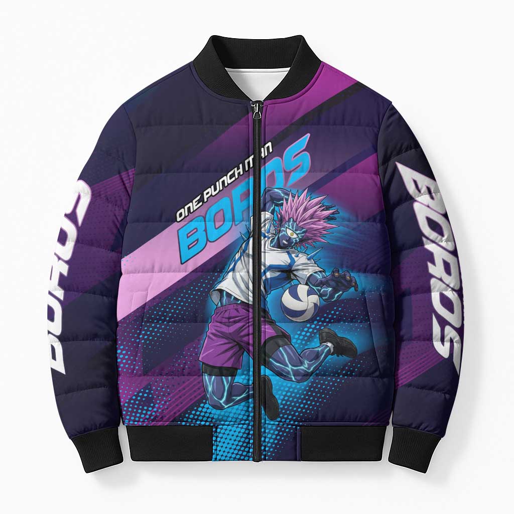 Personalized Boros Volleyball Action Design Bomber Puffer Jacket With a dynamic sporty style in purple and blue.