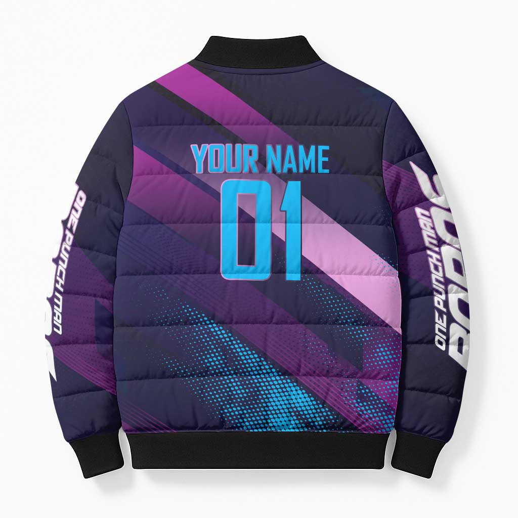 Personalized Boros Volleyball Action Design Bomber Puffer Jacket With a dynamic sporty style in purple and blue.