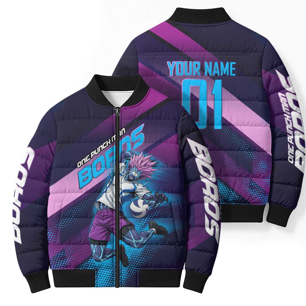 Personalized Boros Volleyball Action Design Bomber Puffer Jacket With a dynamic sporty style in purple and blue.