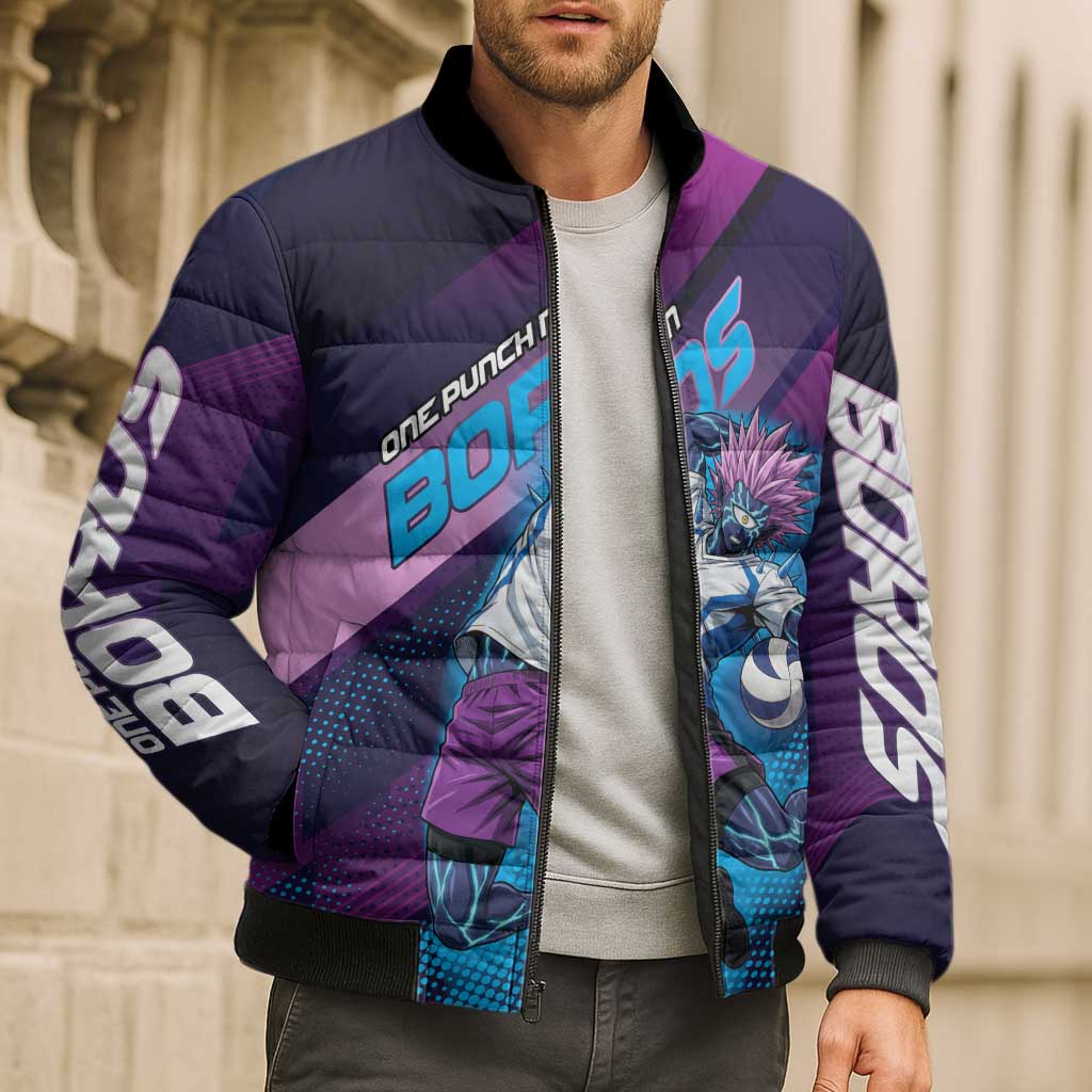 Personalized Boros Volleyball Action Design Bomber Puffer Jacket With a dynamic sporty style in purple and blue.