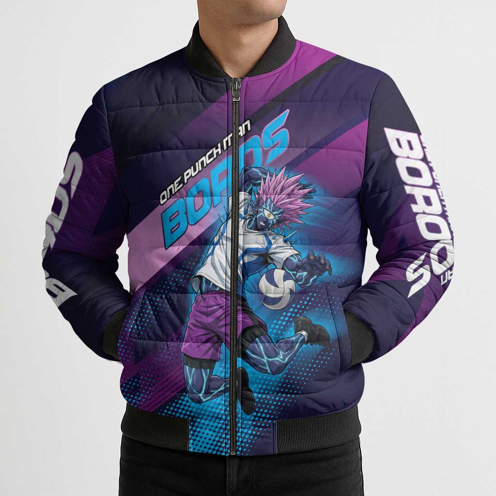 Personalized Boros Volleyball Action Design Bomber Puffer Jacket With a dynamic sporty style in purple and blue.