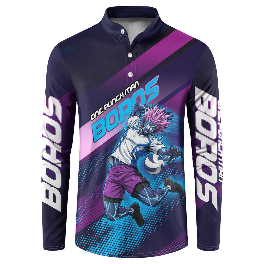 Personalized Boros Volleyball Action Design Button Sweatshirt With a dynamic sporty style in purple and blue.