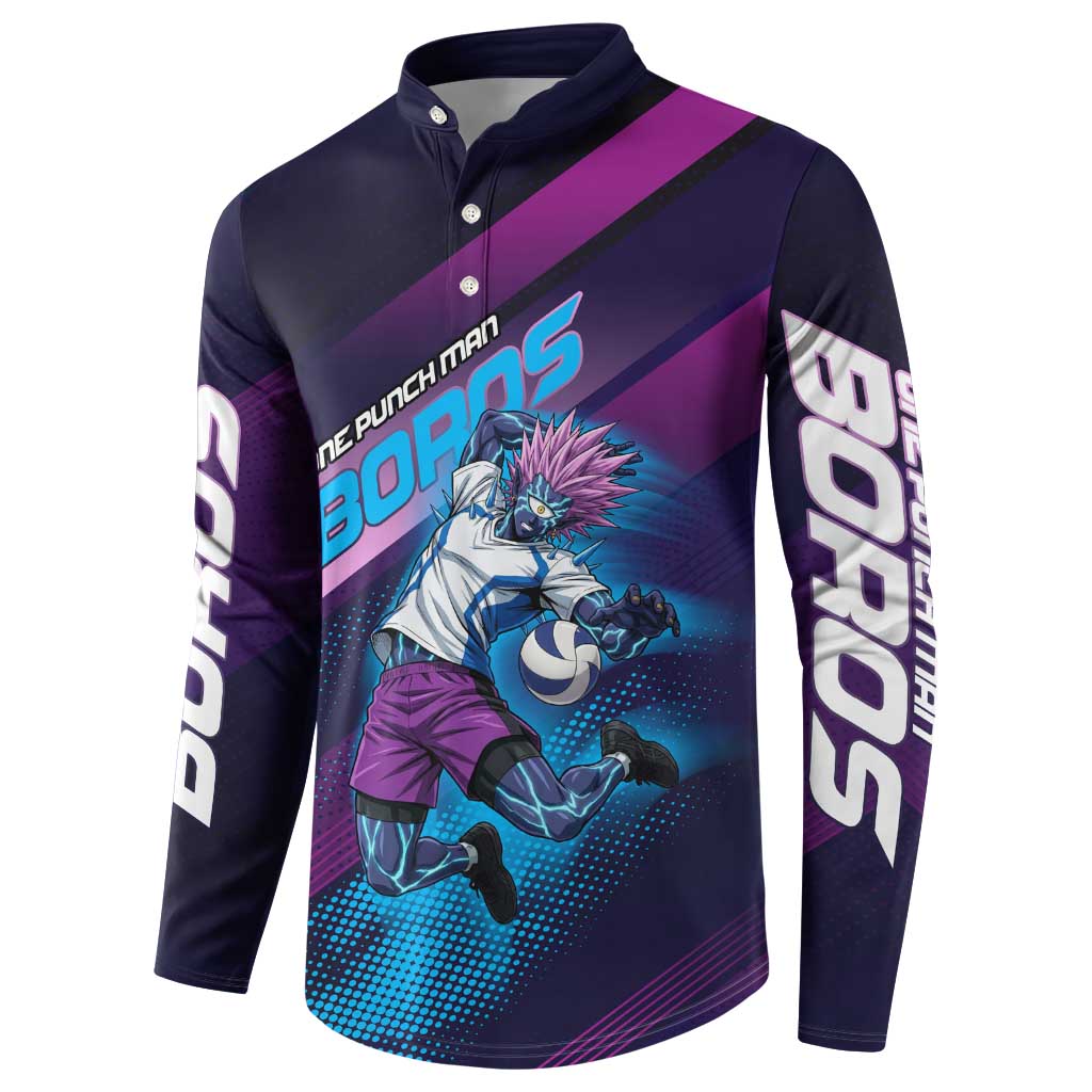 Personalized Boros Volleyball Action Design Button Sweatshirt With a dynamic sporty style in purple and blue.
