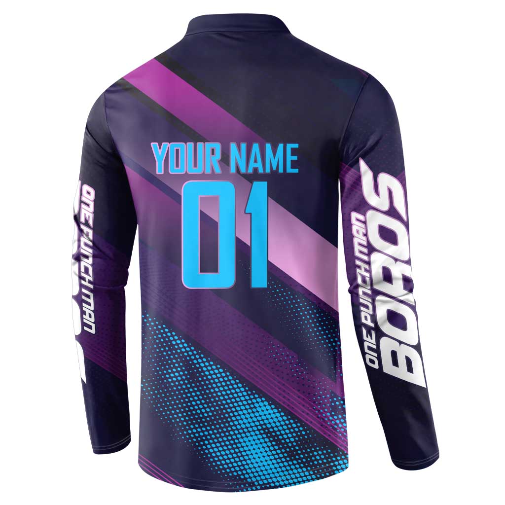 Personalized Boros Volleyball Action Design Button Sweatshirt With a dynamic sporty style in purple and blue.