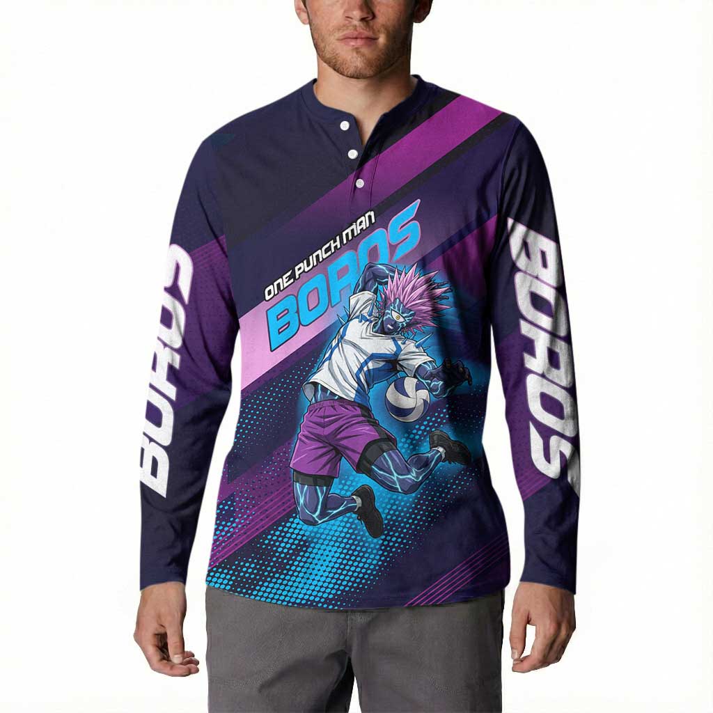 Personalized Boros Volleyball Action Design Button Sweatshirt With a dynamic sporty style in purple and blue.