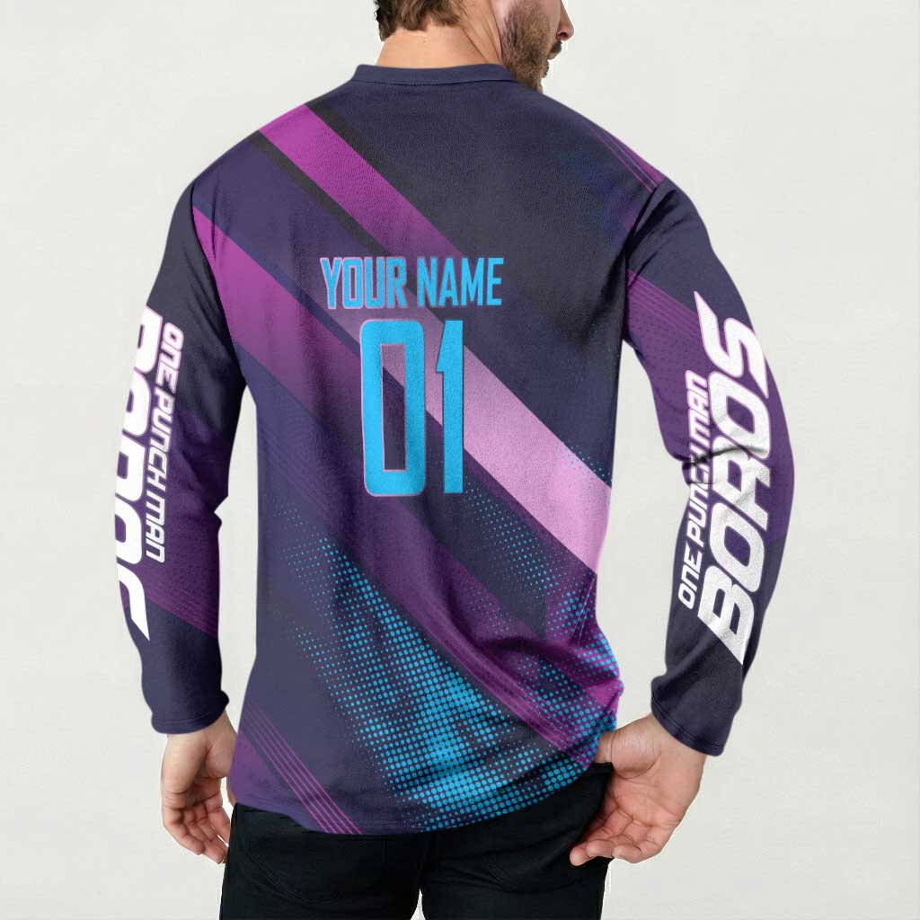 Personalized Boros Volleyball Action Design Button Sweatshirt With a dynamic sporty style in purple and blue.