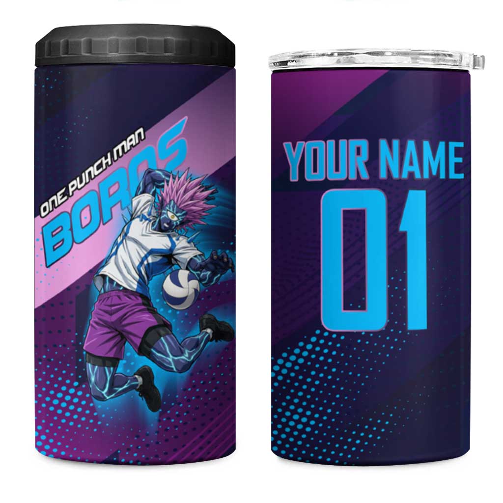Personalized Boros Volleyball Action Design 4 in 1 Can Cooler Tumbler With a dynamic sporty style in purple and blue.