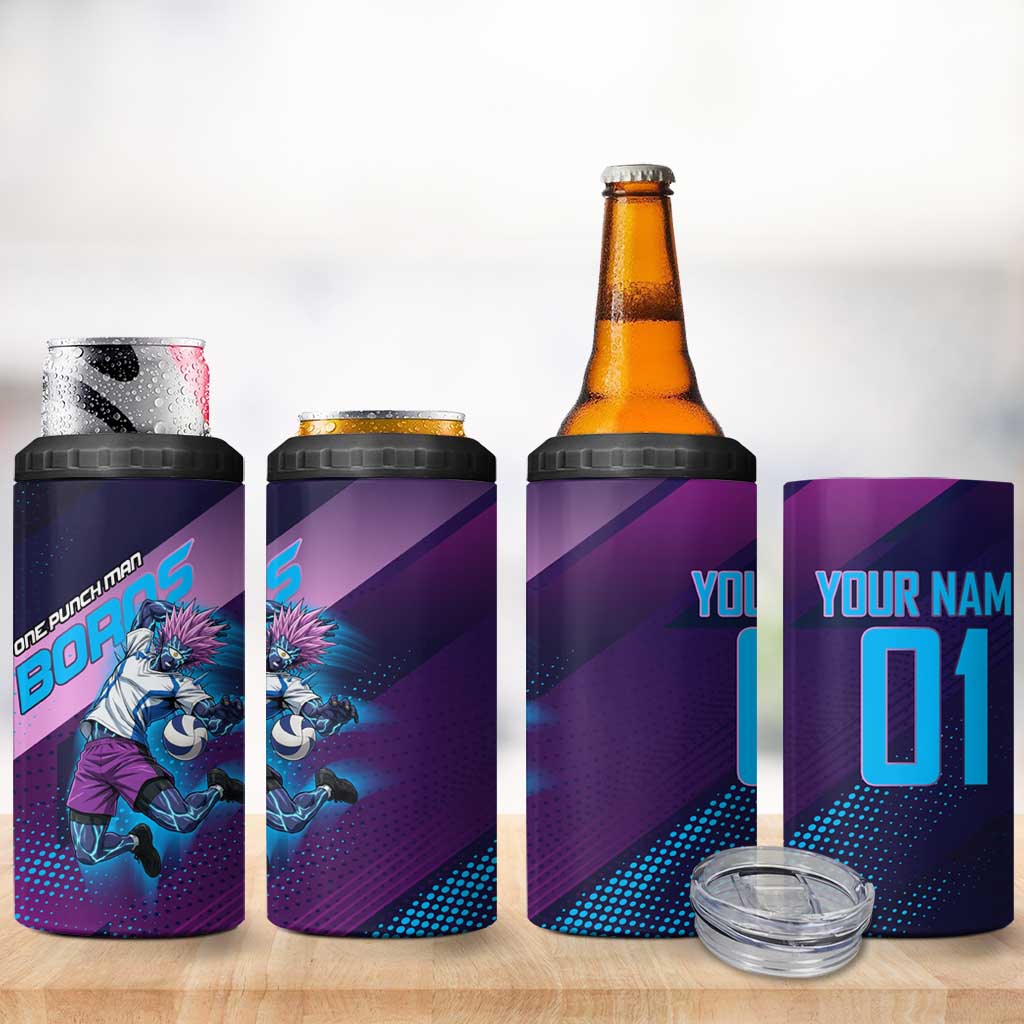 Personalized Boros Volleyball Action Design 4 in 1 Can Cooler Tumbler With a dynamic sporty style in purple and blue.