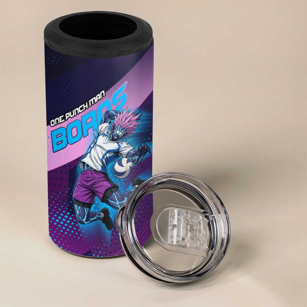 Personalized Boros Volleyball Action Design 4 in 1 Can Cooler Tumbler With a dynamic sporty style in purple and blue.