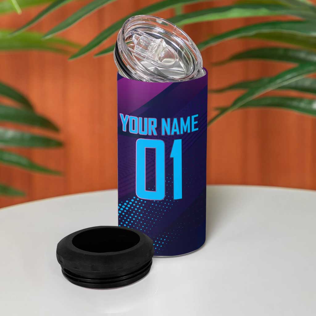 Personalized Boros Volleyball Action Design 4 in 1 Can Cooler Tumbler With a dynamic sporty style in purple and blue.