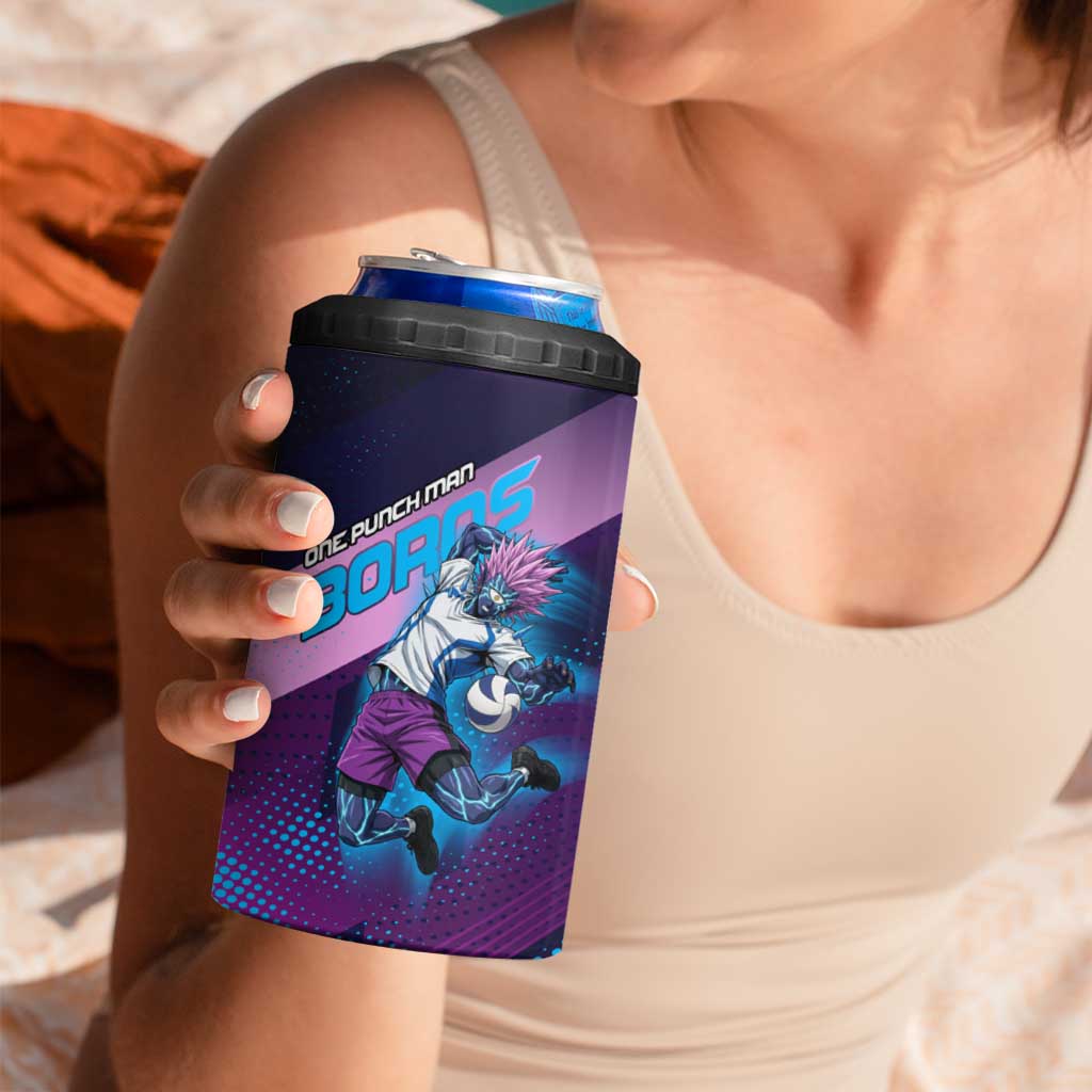 Personalized Boros Volleyball Action Design 4 in 1 Can Cooler Tumbler With a dynamic sporty style in purple and blue.