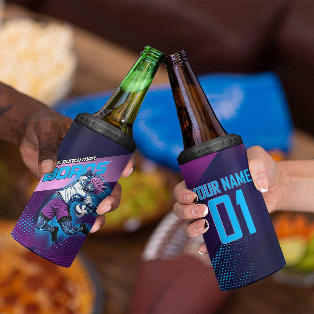 Personalized Boros Volleyball Action Design 4 in 1 Can Cooler Tumbler With a dynamic sporty style in purple and blue.