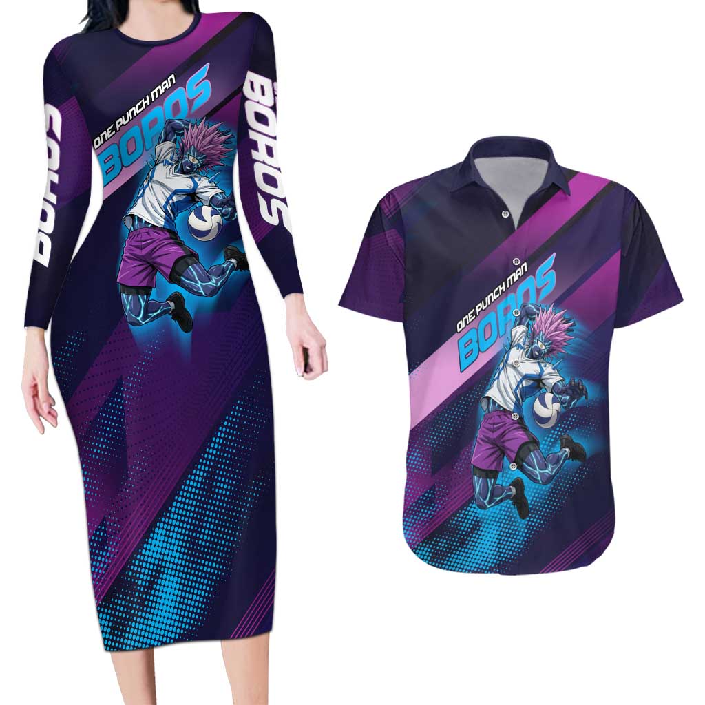 Personalized Boros Volleyball Action Design Couples Matching Long Sleeve Bodycon Dress and Hawaiian Shirt With a dynamic sporty style in purple and blue.
