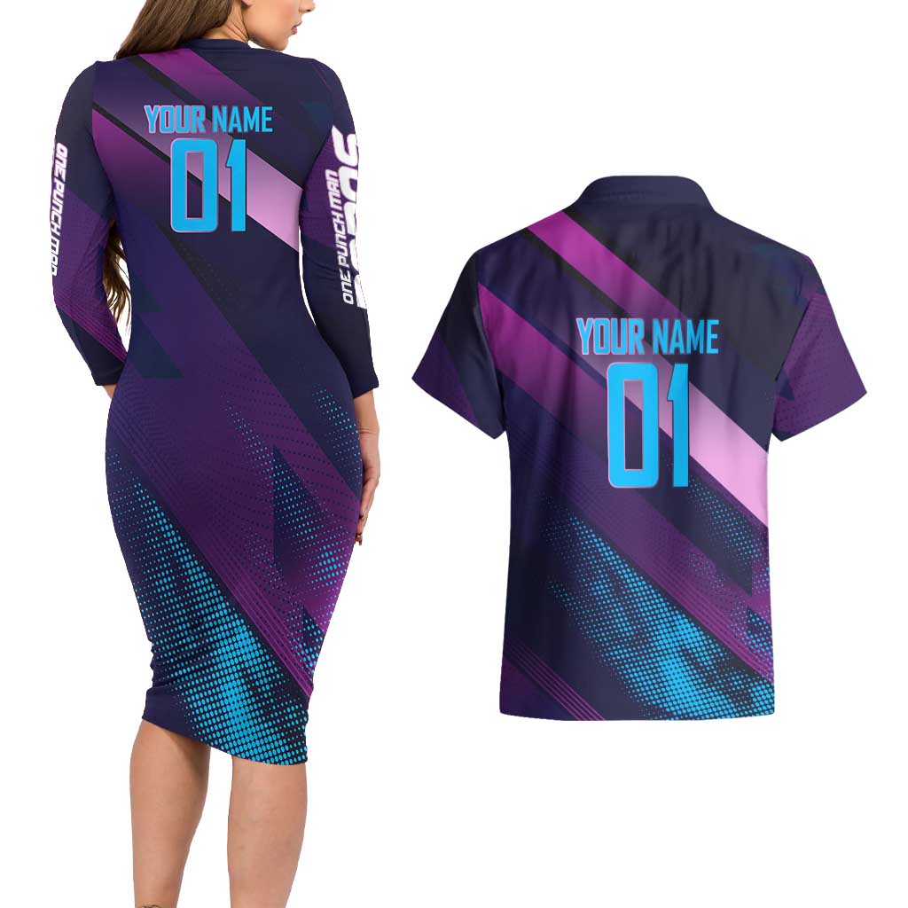 Personalized Boros Volleyball Action Design Couples Matching Long Sleeve Bodycon Dress and Hawaiian Shirt With a dynamic sporty style in purple and blue.