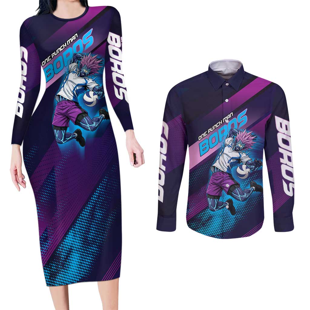 Personalized Boros Volleyball Action Design Couples Matching Long Sleeve Bodycon Dress and Long Sleeve Button Shirt With a dynamic sporty style in purple and blue.