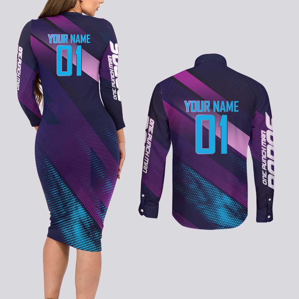 Personalized Boros Volleyball Action Design Couples Matching Long Sleeve Bodycon Dress and Long Sleeve Button Shirt With a dynamic sporty style in purple and blue.