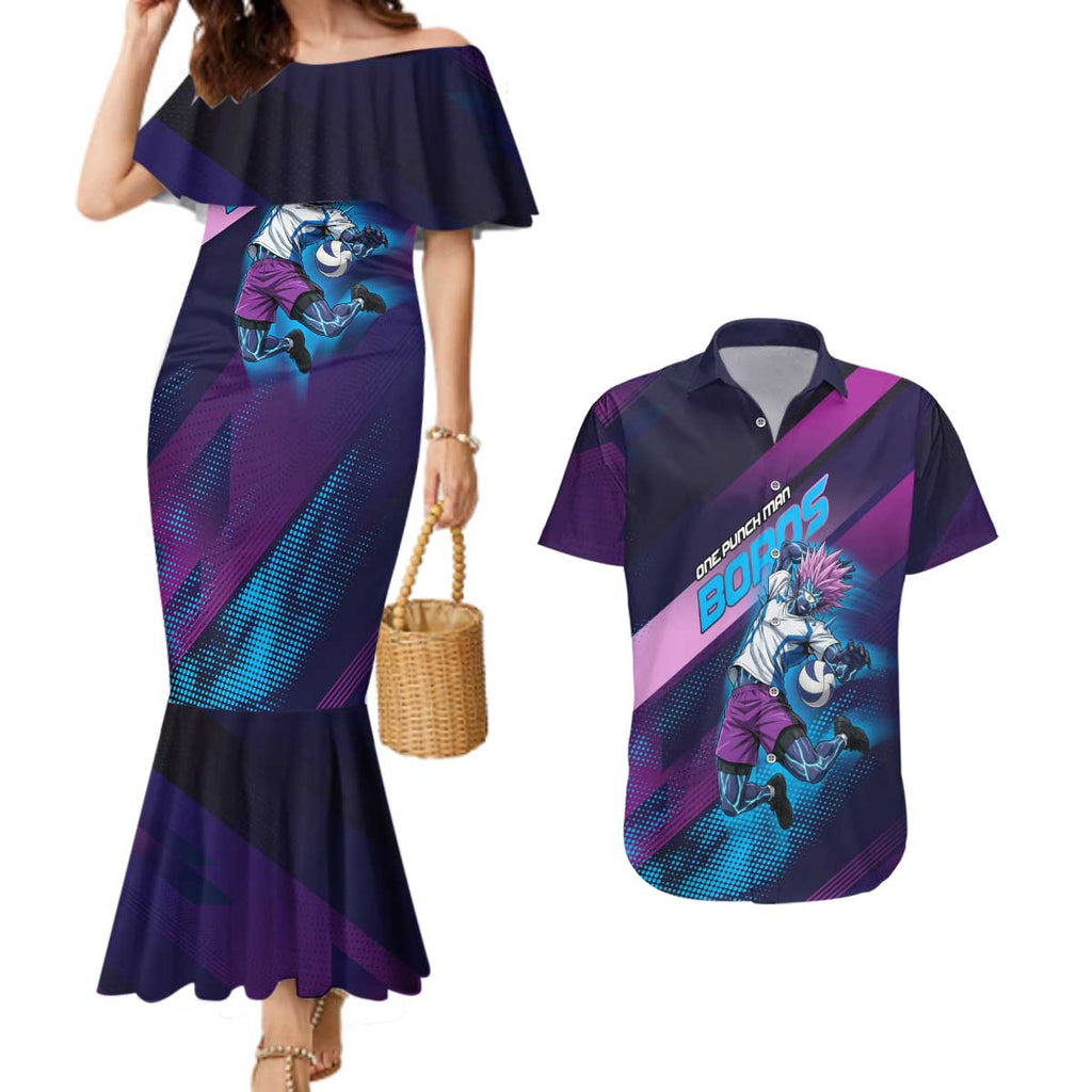 Personalized Boros Volleyball Action Design Couples Matching Mermaid Dress and Hawaiian Shirt With a dynamic sporty style in purple and blue.