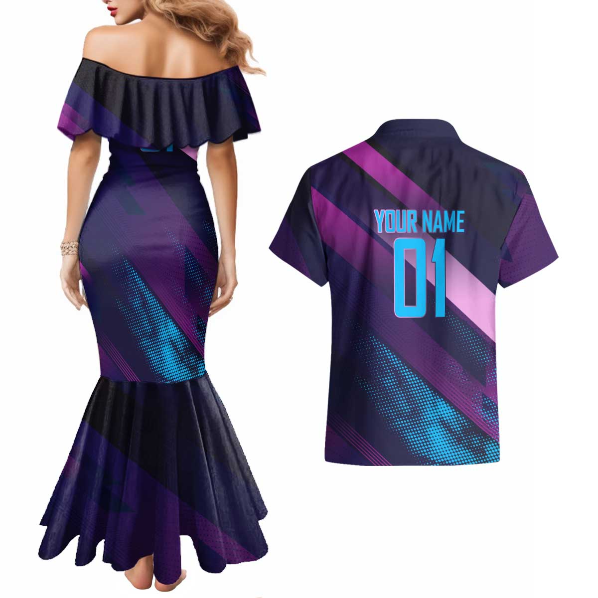 Personalized Boros Volleyball Action Design Couples Matching Mermaid Dress and Hawaiian Shirt With a dynamic sporty style in purple and blue.