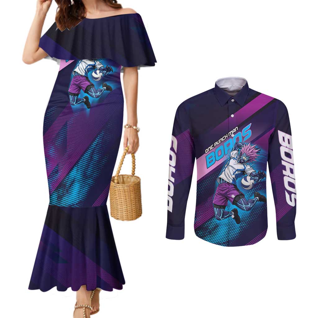 Personalized Boros Volleyball Action Design Couples Matching Mermaid Dress and Long Sleeve Button Shirt With a dynamic sporty style in purple and blue.