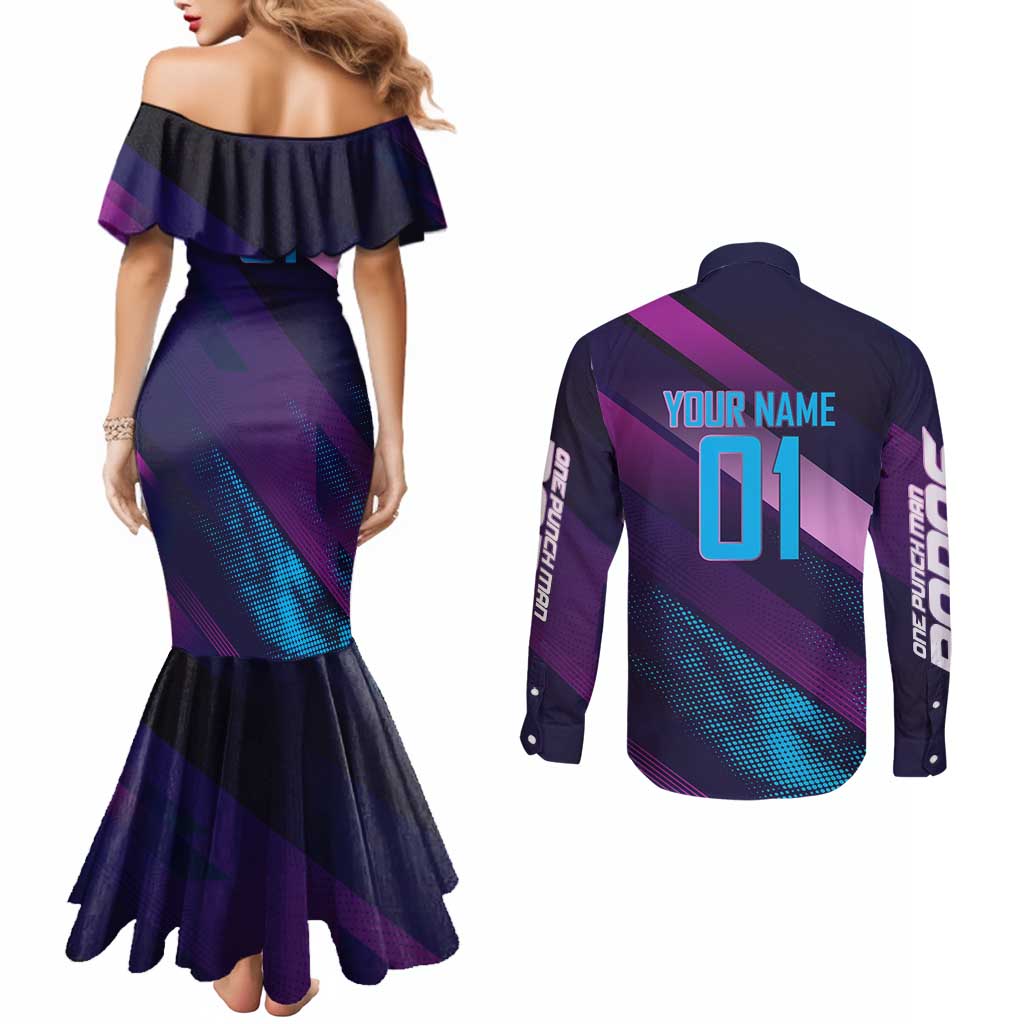 Personalized Boros Volleyball Action Design Couples Matching Mermaid Dress and Long Sleeve Button Shirt With a dynamic sporty style in purple and blue.