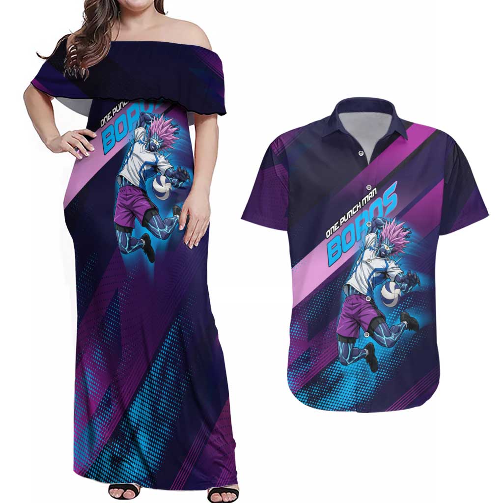 Personalized Boros Volleyball Action Design Couples Matching Off Shoulder Maxi Dress and Hawaiian Shirt With a dynamic sporty style in purple and blue.