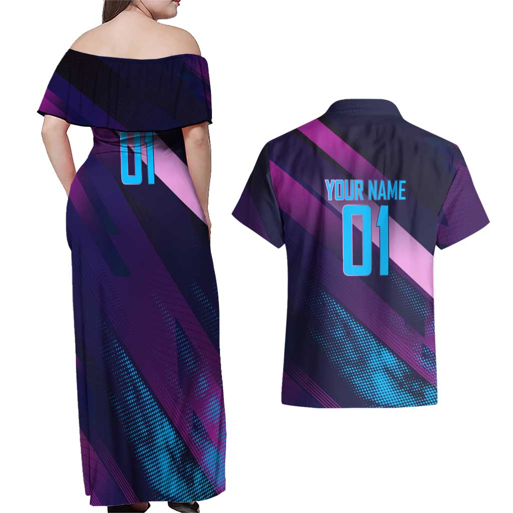 Personalized Boros Volleyball Action Design Couples Matching Off Shoulder Maxi Dress and Hawaiian Shirt With a dynamic sporty style in purple and blue.
